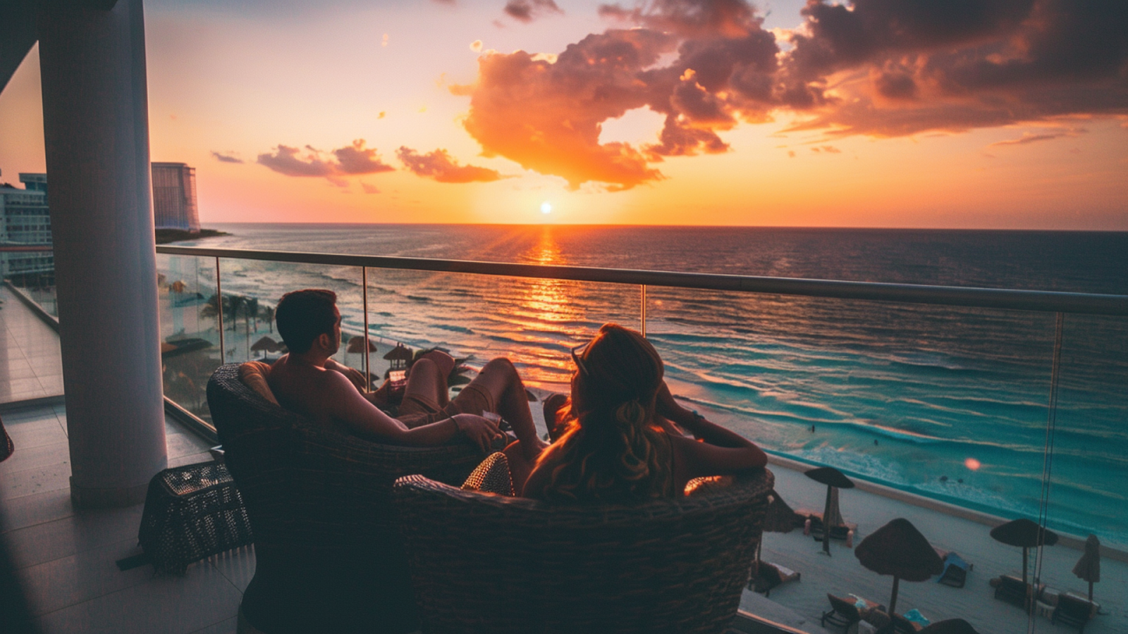 Two people watching the sunset from a beachfront balcony in Cancun