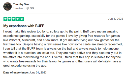 A 5-star Trustpilot review from a Buff user happy that they can earn rewards for playing games they enjoy playing anyway. 