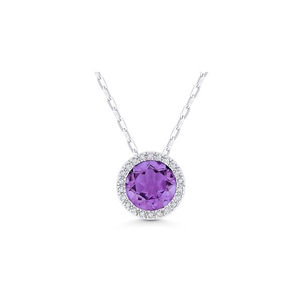 February 
 Birthstone jewelry Classic halo amethyst and diamond necklace