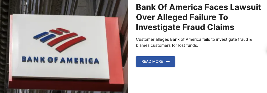 The InjuryClaims.com website explaining the Bank of America class action suit. 