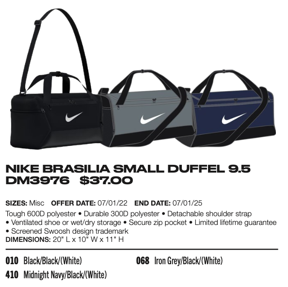 Three Nike Brasilia Small Duffel Bags, $37 each, in black, grey, navy with features listed and offer dates from 07/01/22 to 0