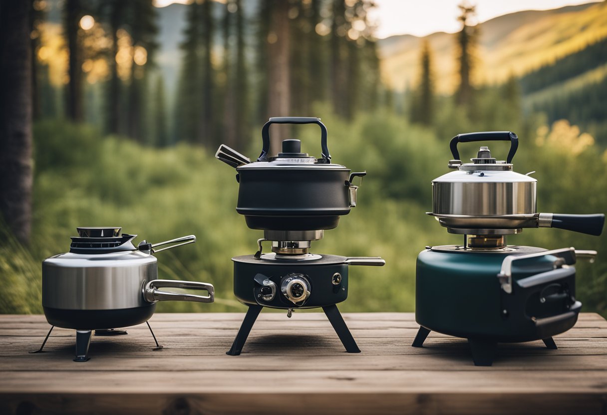 A variety of camping stoves displayed on a wooden table with mountains and trees in the background