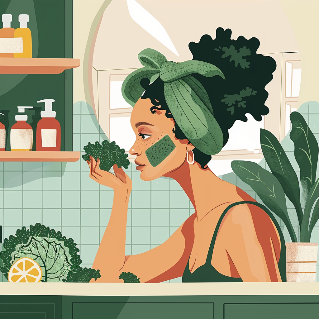 White girl with freckles, black hair and white earrings is cleaning her face with kale paste. There is a green in her hair. Plant with long leaves is behind her, shelf with soap, green tiles and a window.