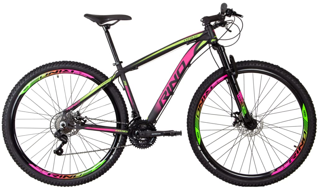 Bicicleta Aro 29 RINO Everest Color - 24V Cambios Shimano - Freio Hidraulico Pink+Verde 17