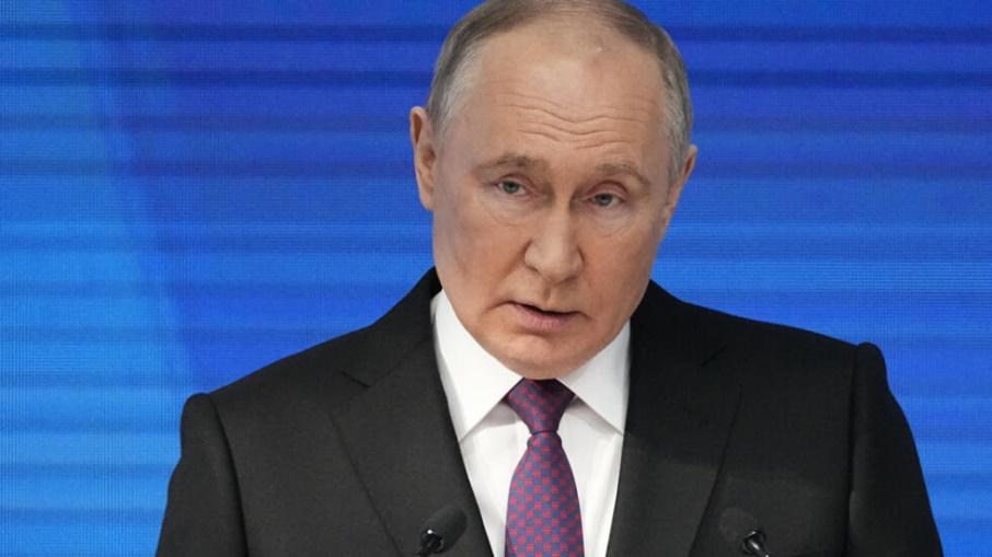 Russian President Vladimir Putin delivers his state-of-the-nation address in Moscow, Russia, Thursday, Feb. 29, 2024. (AP Photo/Alexander Zemlianichenko)