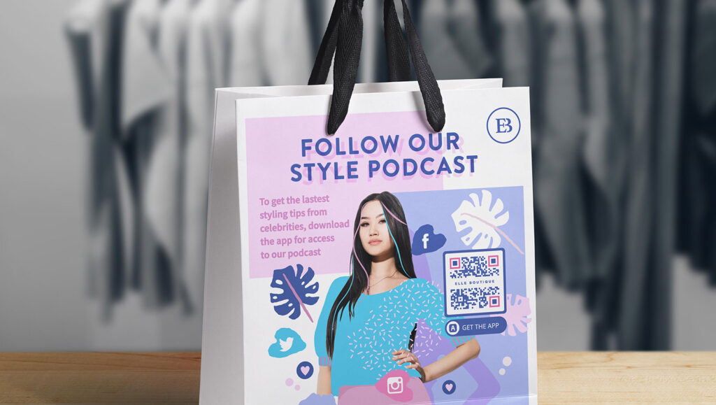 An App QR Code on a fashion retailer's shopping bag prompting people to scan and download their app for access to their podcast