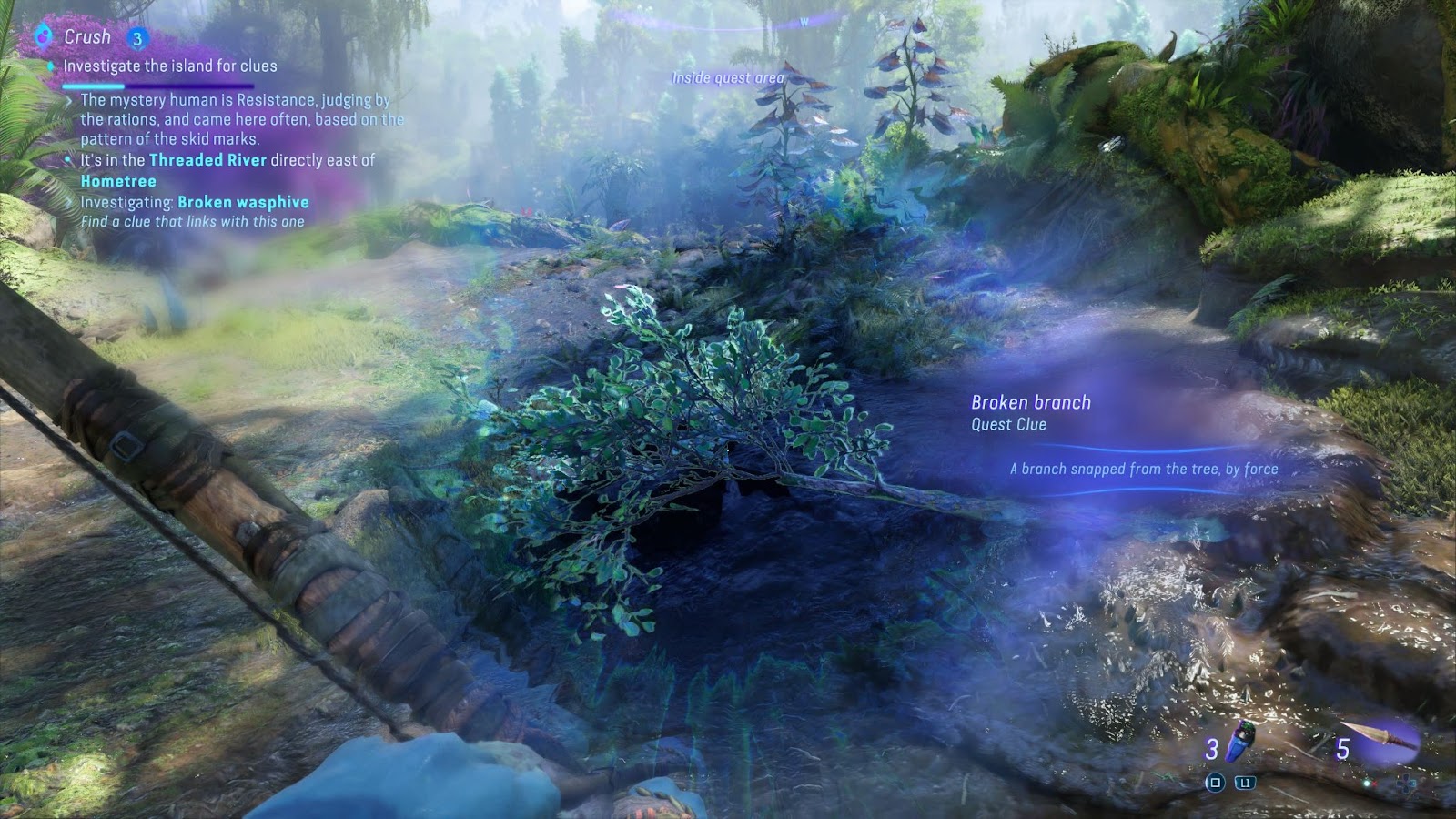 An in game screenshot of the broken tree branch clue from the game Avatar: Frontiers of Pandora