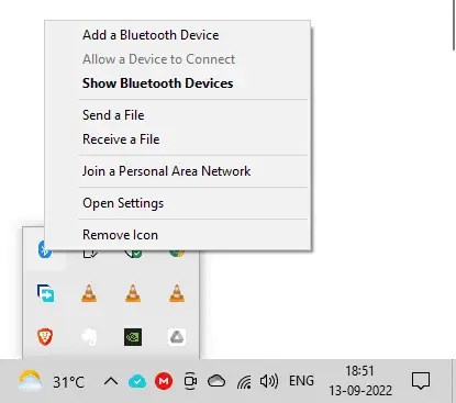 Bluetooth icon in the Windows taskbar