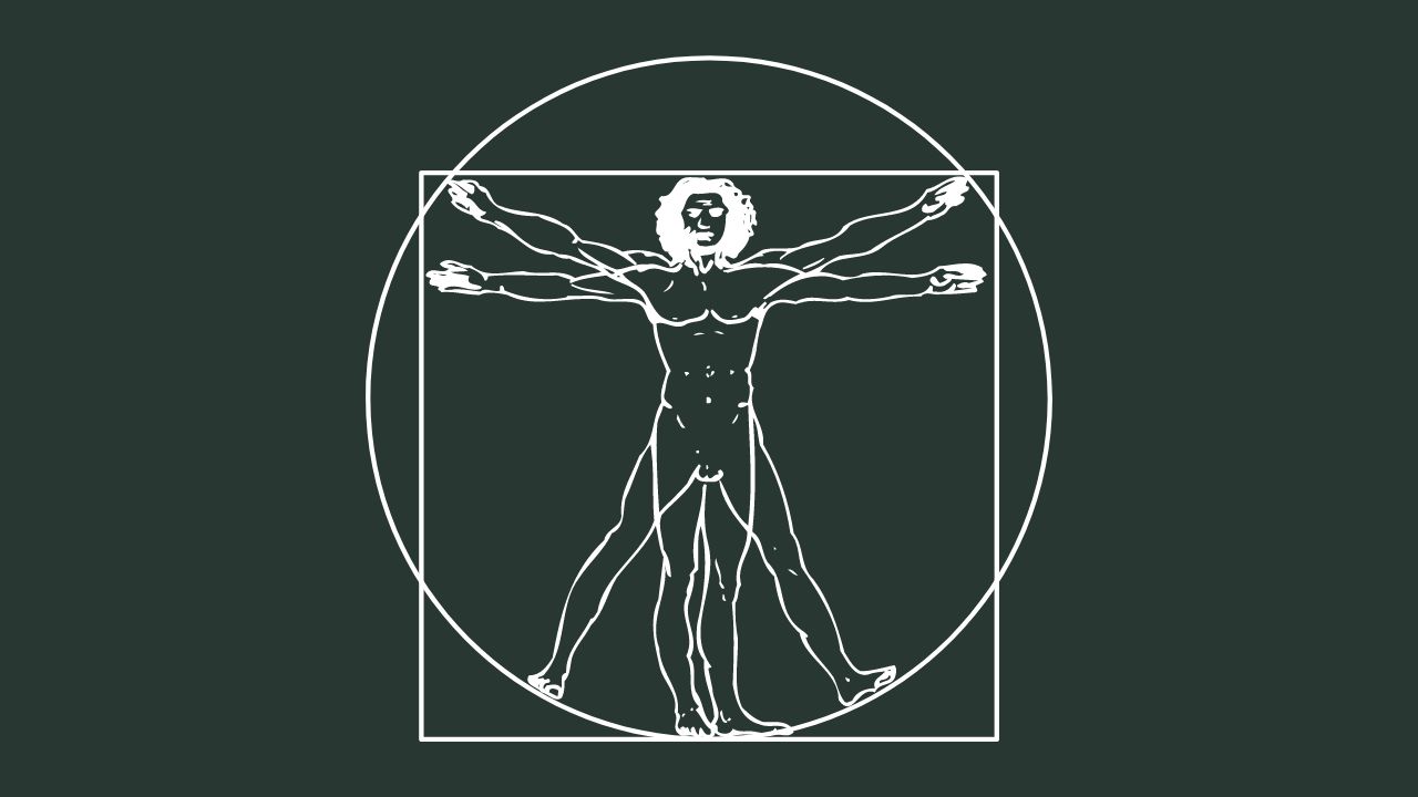 A modern rendition of Leonardo da Vinci's Vitruvian Man, depicted in white lines on a dark background. This iconic image symbolizes the blend of art and science, capturing the ideal human body proportions within a circle and a square, emphasizing symmetry and harmony in human anatomy.