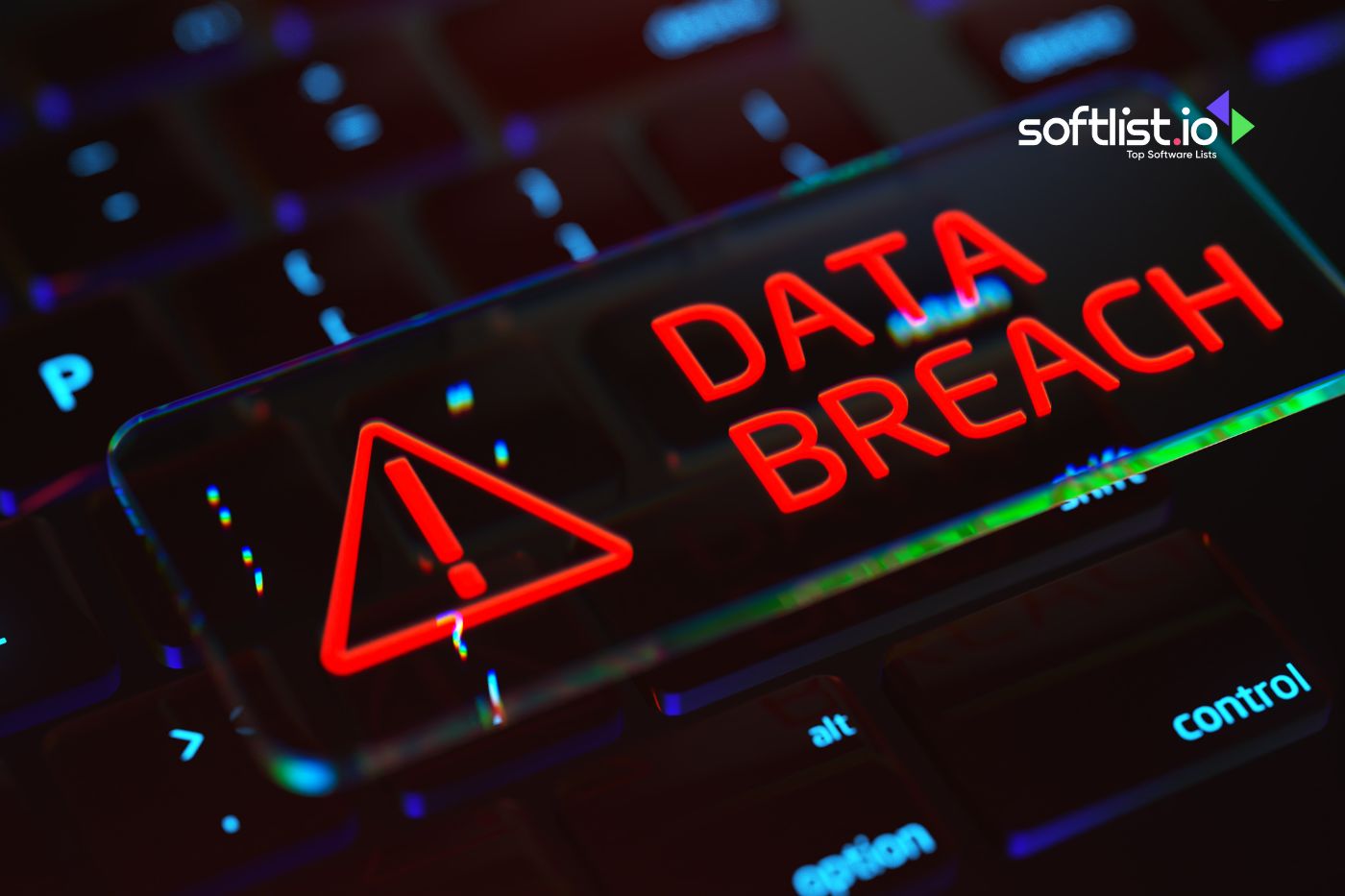 Computer key with 'DATA BREACH' alert and warning sign