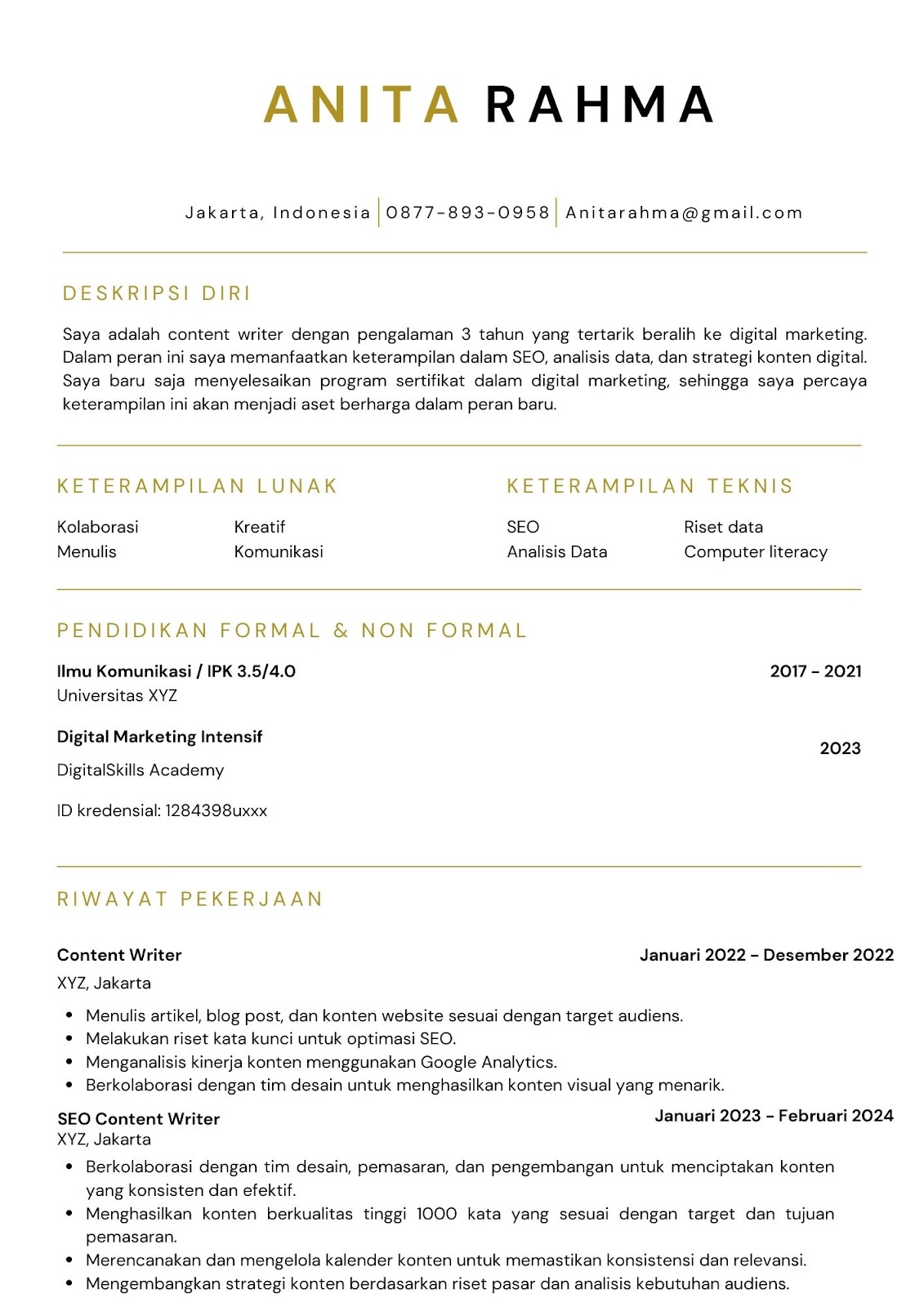 contoh CV Lintas Karier