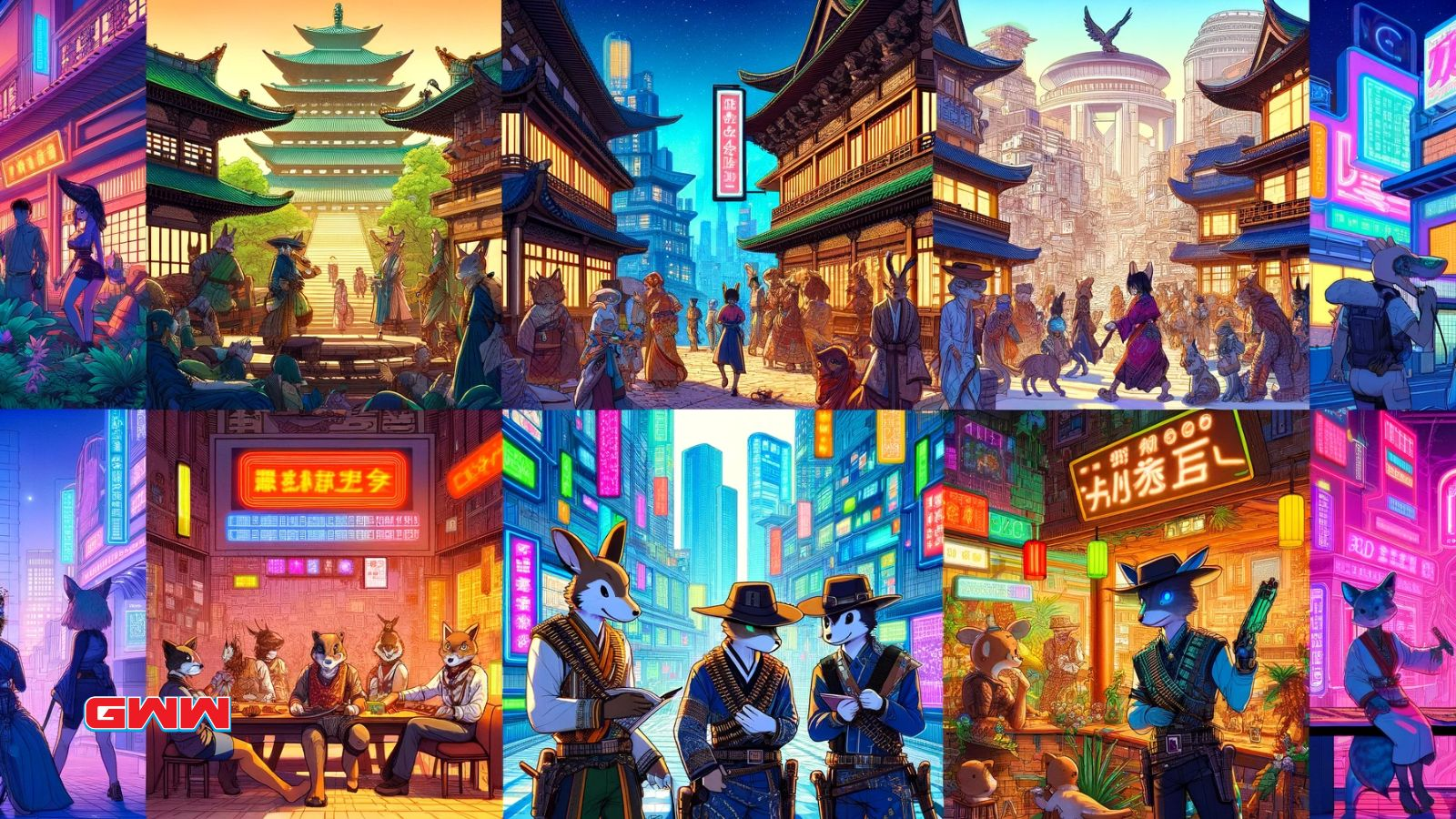 An anime-style illustration exploring cultural themes in a futuristic city inhabited by anthropomorphic animals.