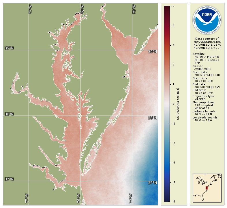 Map of Chesapeake Bay showing warmer-than-average water temperatures for winter 2023-24