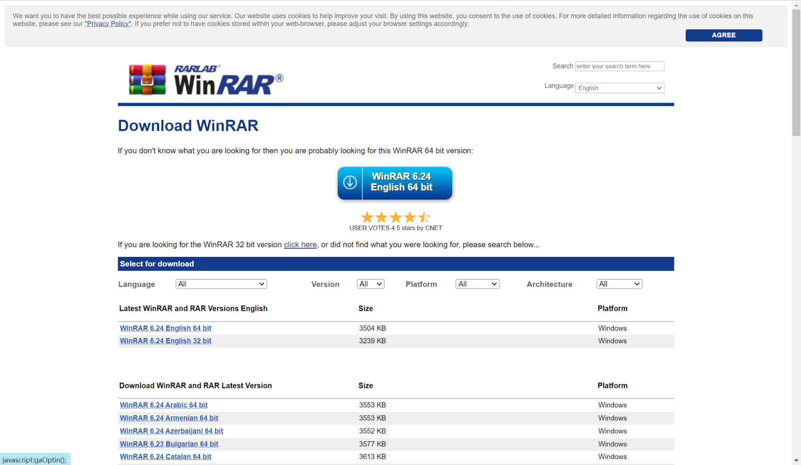 the official web page of winrar download