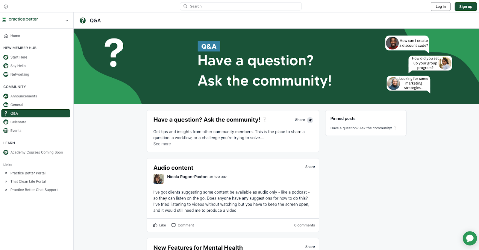 A screenshot of the Practice Better Community showing the Q&A section. 