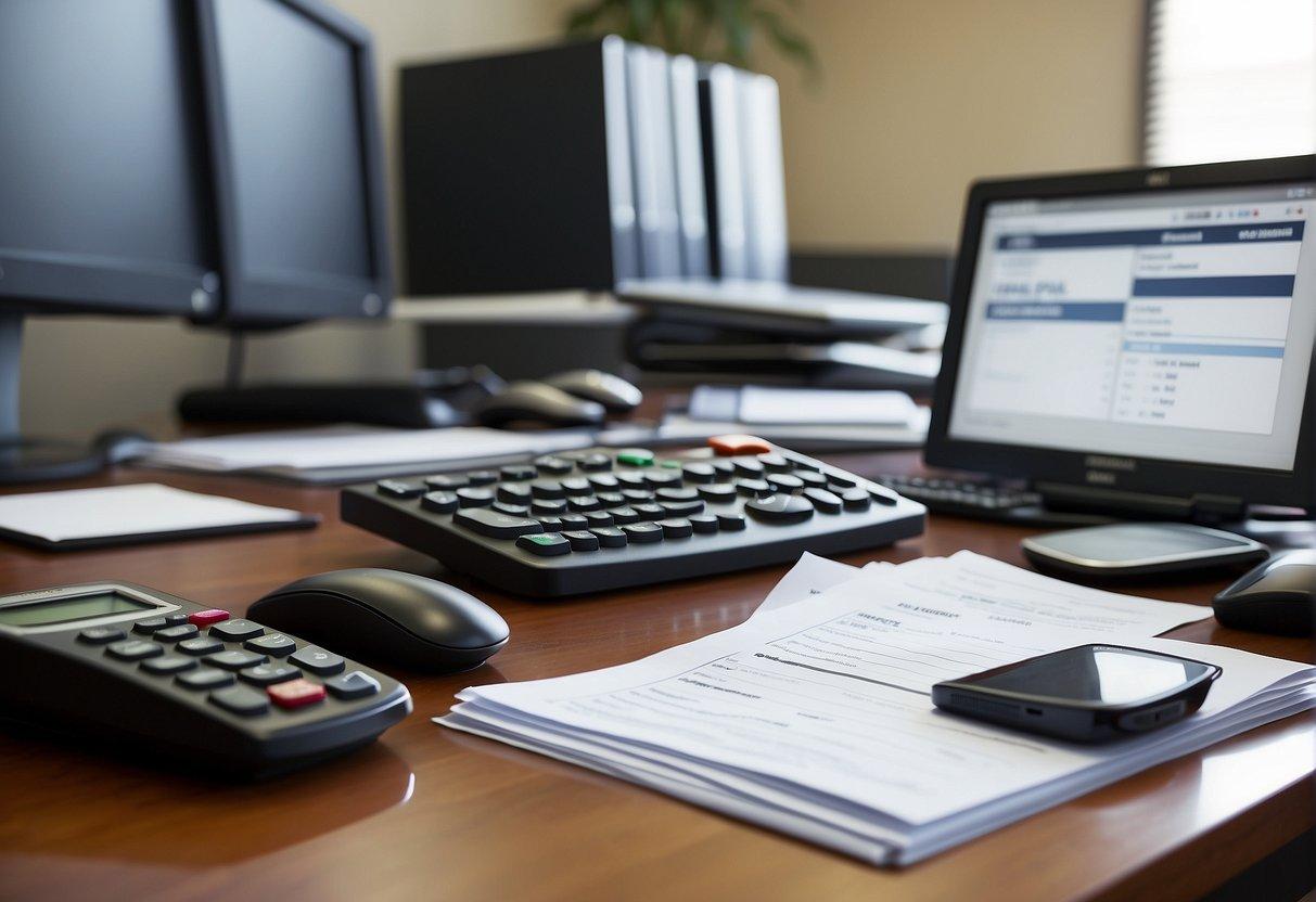 An office desk with a computer, calculator, and paperwork. A payroll provider's logo is visible on the computer screen. Files labeled "payroll" are neatly organized