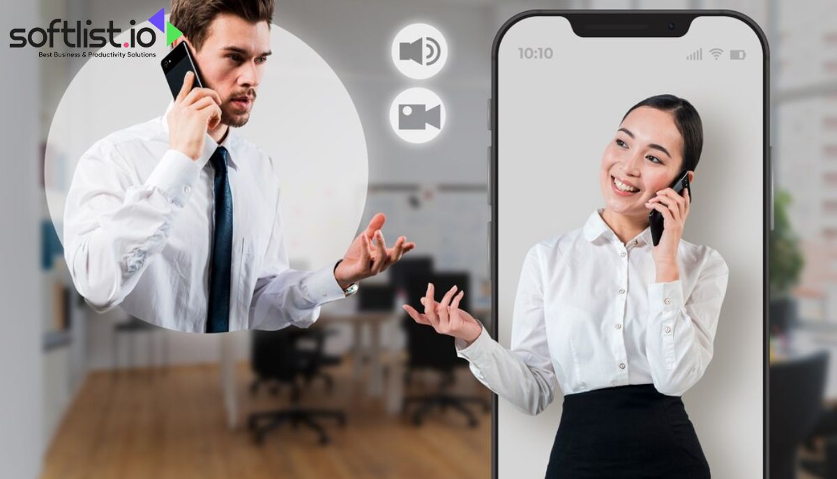 man and woman having a phone conversation through mobile app interface