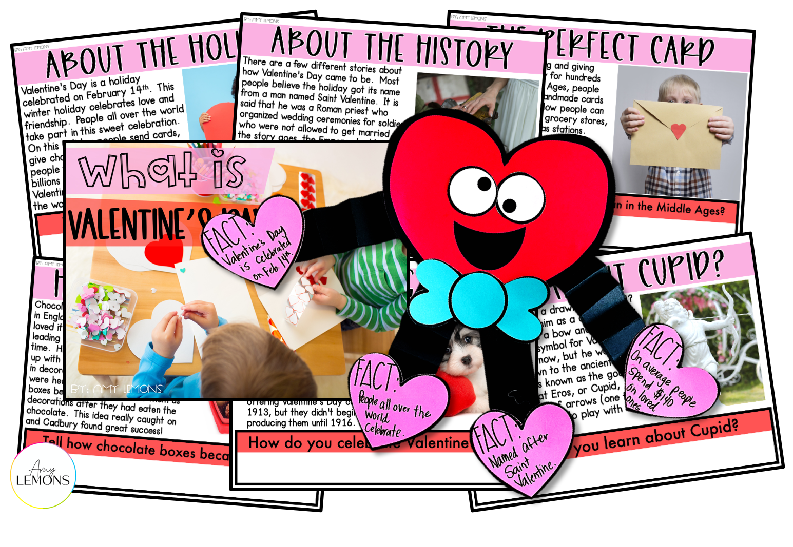 Valentine's Day reading activities to learn the history of Valentine's day with a heart craft for showing 4 facts learned.