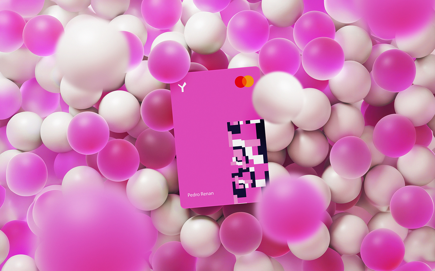 Yasbank's pink card amidst 3D spheres