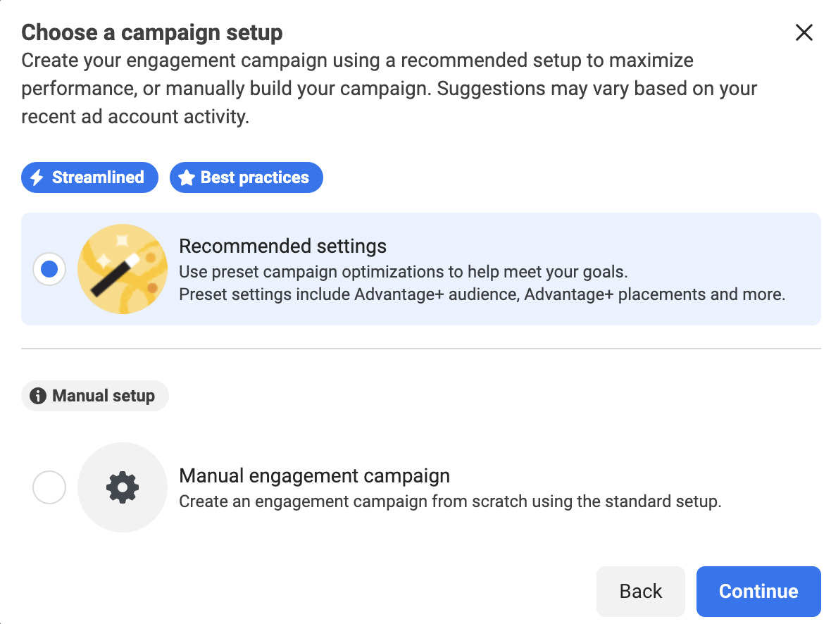 campaign setup page in meta ads manager
