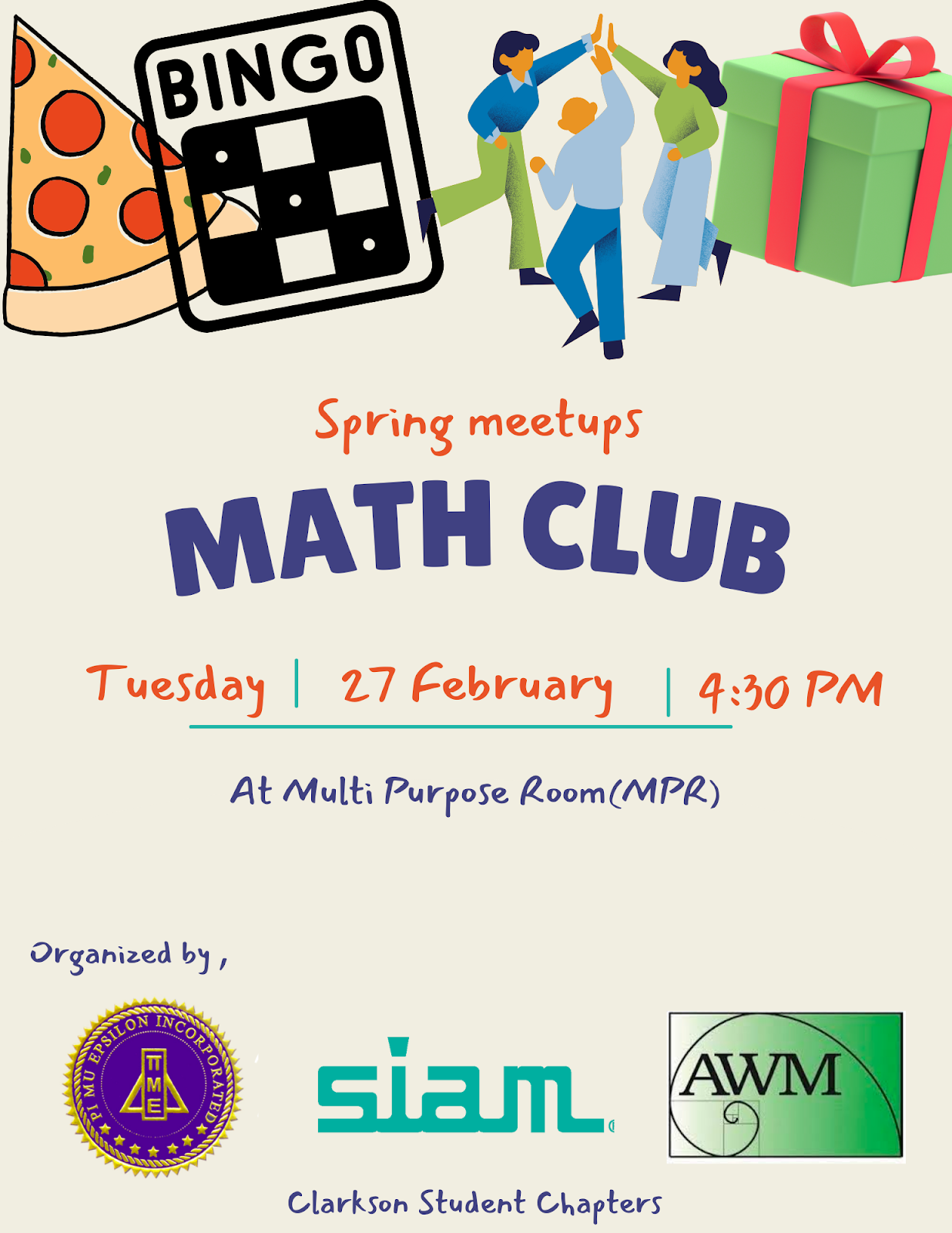 A flyer for the CU math club meeting on February 27th th, 2024
