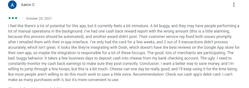 A three-star Cheese credit builder review from a person who experienced some technical difficulties while using the Cheese app. 