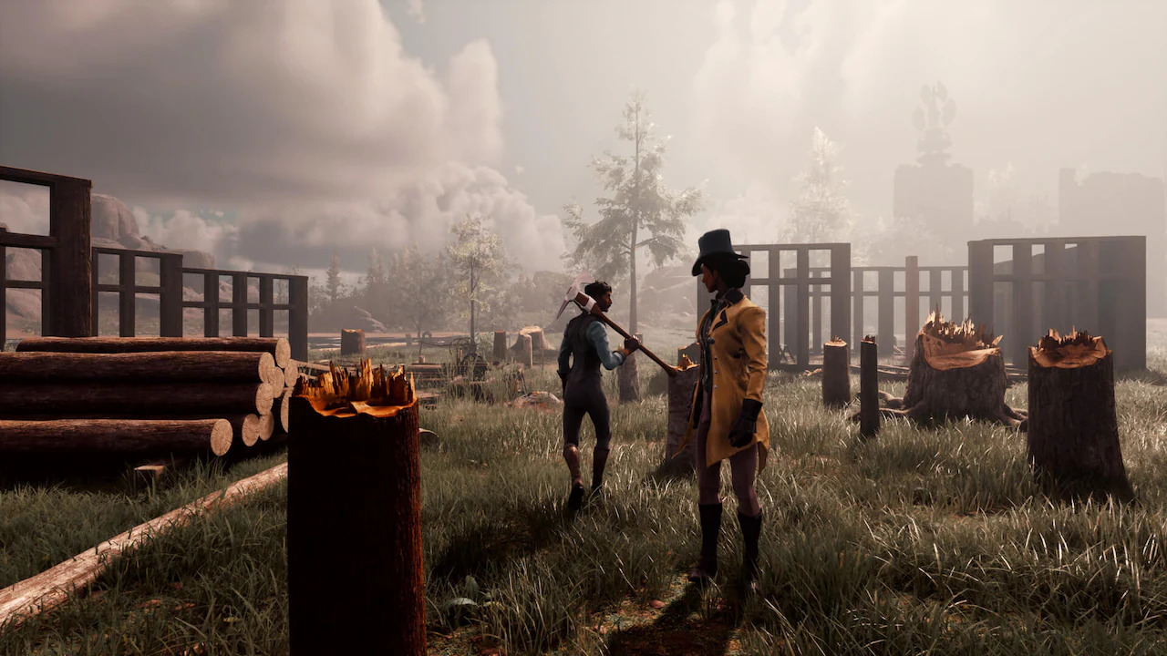 A screenshot of characters harvesting wood from the game Nightingale. 