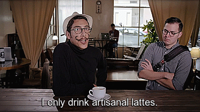 image of a hipster donning a fedora and curly moustache. Caption of meme is "I only drink artisian lattes"