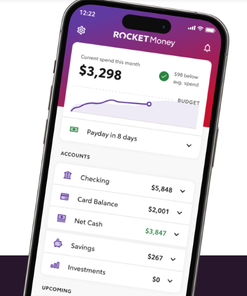 A cell phone displaying a Rocket Money app screen showing current spending for the month compared to their average spend, when payday will be, and various account balances. 