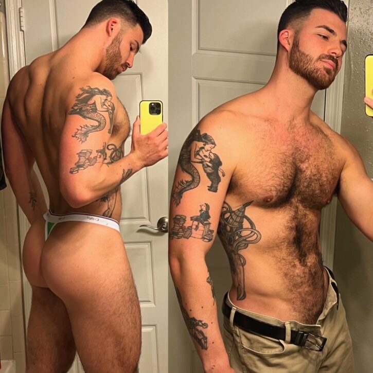 Dillon Cassidy posing in a white thong taking a selfie with a iphone pro with second photo showing him shirtless with unbuttoned khakis while taking an iphone mirror selfie