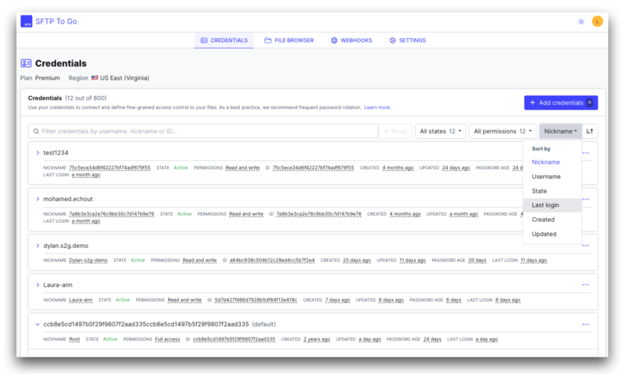 sftp to go credentials list filtering