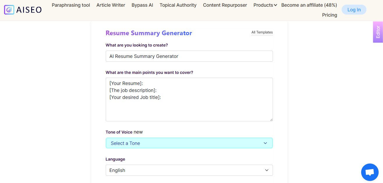 AISEO Resume Summary Generator