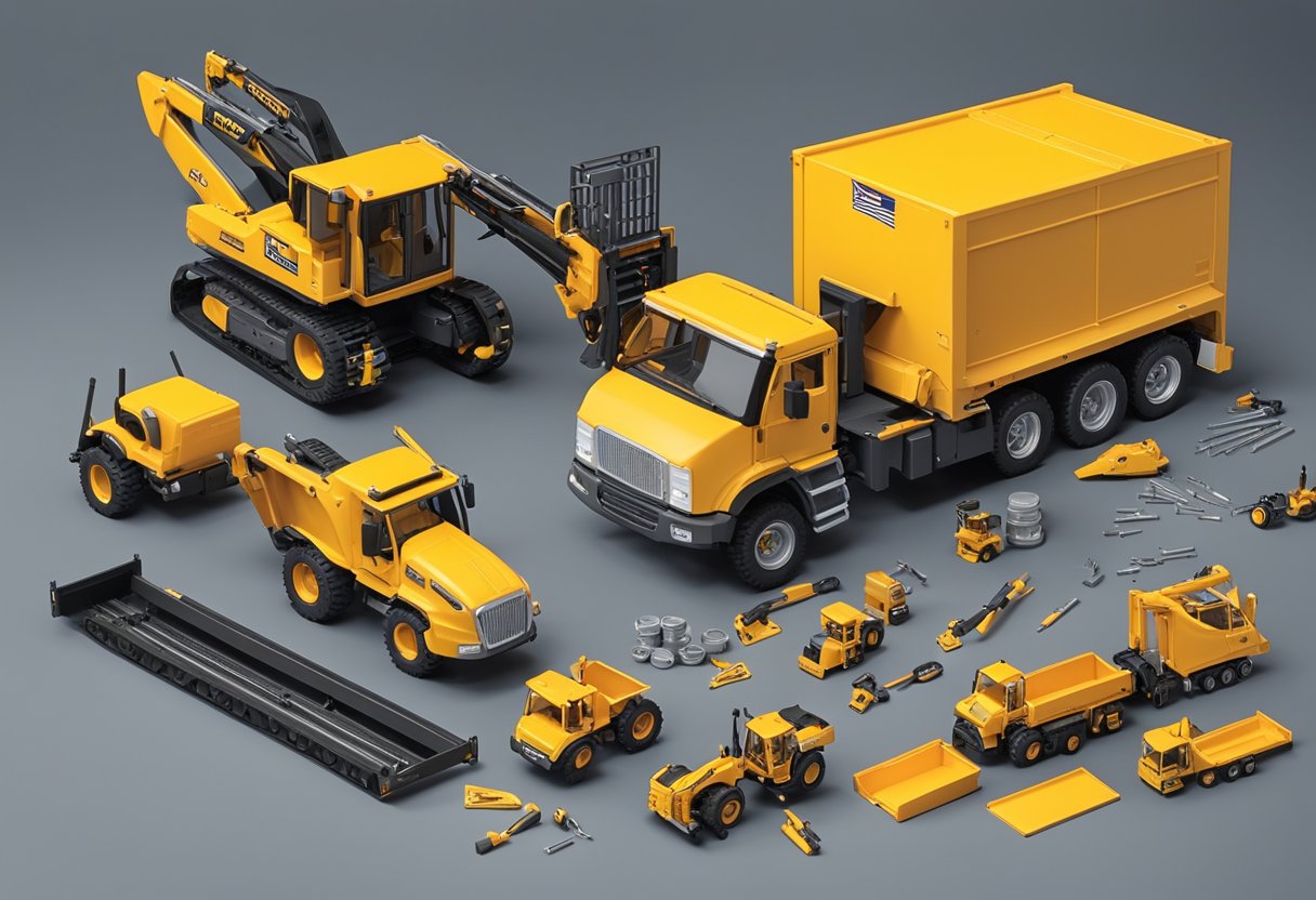 A workshop with tools and parts scattered around a 1:50 scale diecast construction equipment being customized and modified