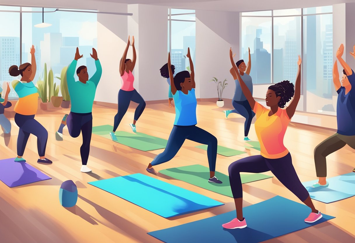 A group of diverse employees engage in yoga, jogging, and team-building exercises in a modern office setting. The scene is vibrant and energetic, with a focus on health and wellness