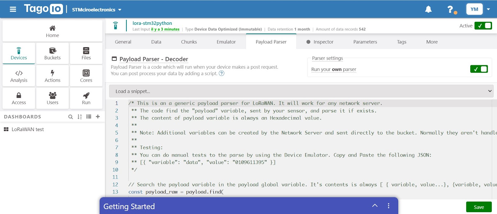 Configuration du parser de payloads LoRaWAN sur TagoIO