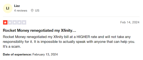 A 1-star Rocket Money review from an angry customer who says the company actually made their Xfinity bill higher. 