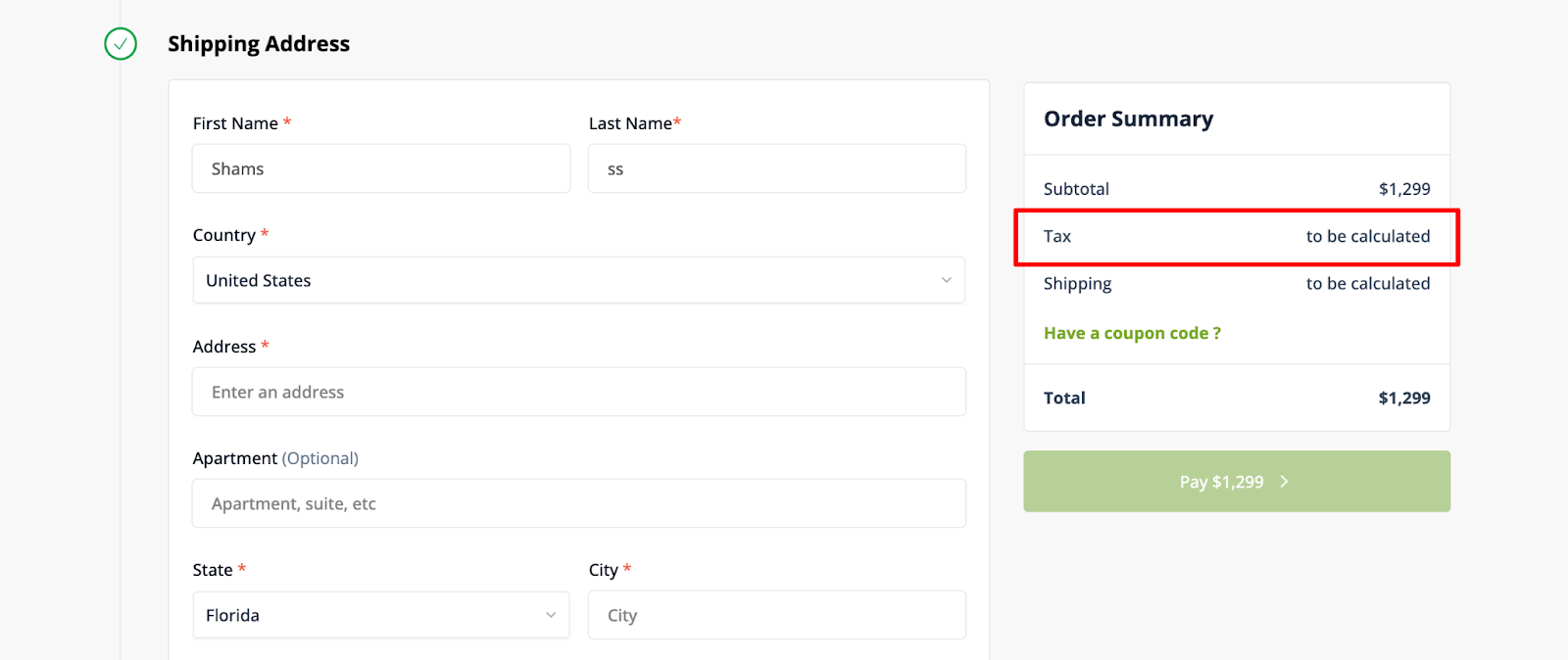 A screenshot to show how taxes work on the checkout page