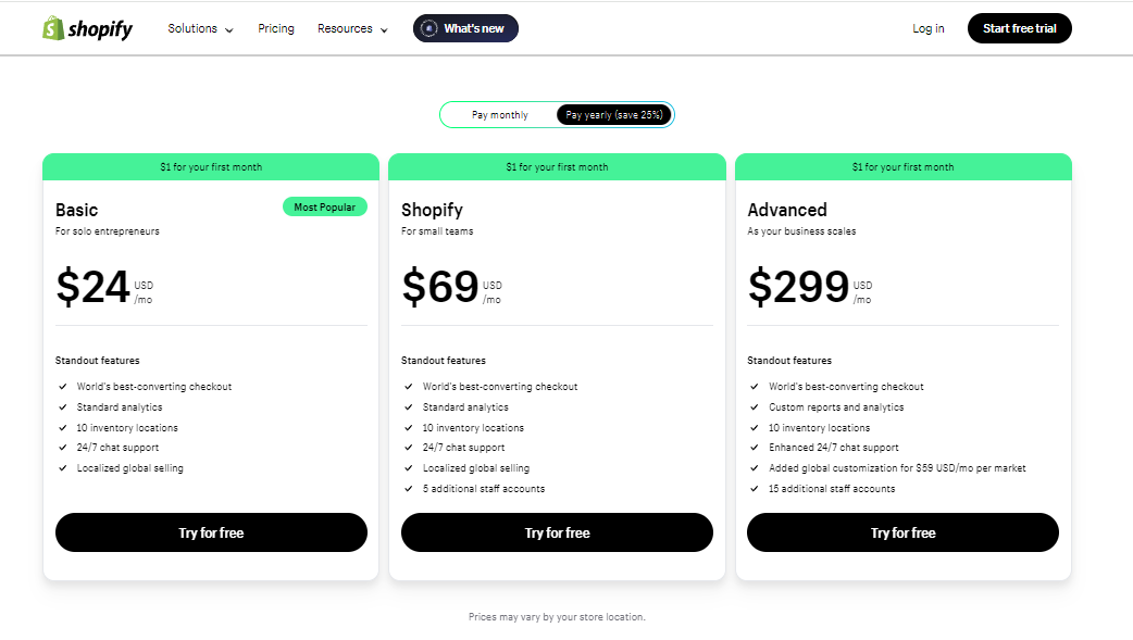 Shopify vs AliExpress: Shopify pricing plans.