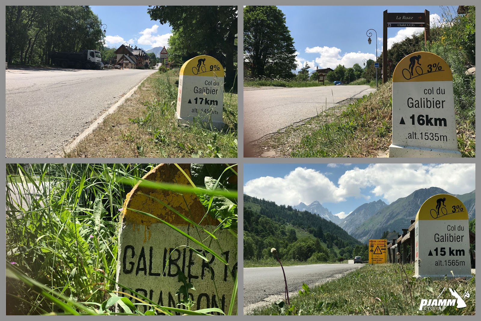 Cycling Col du Galibier from Valloire: photo collage shows various yellow and white KM markers throughout the climb