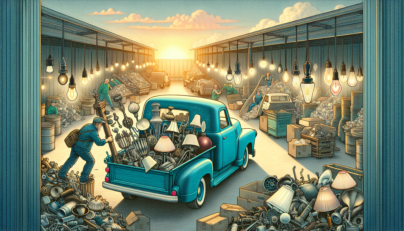 Illustration of a person dropping off old light fixtures at a recycling center