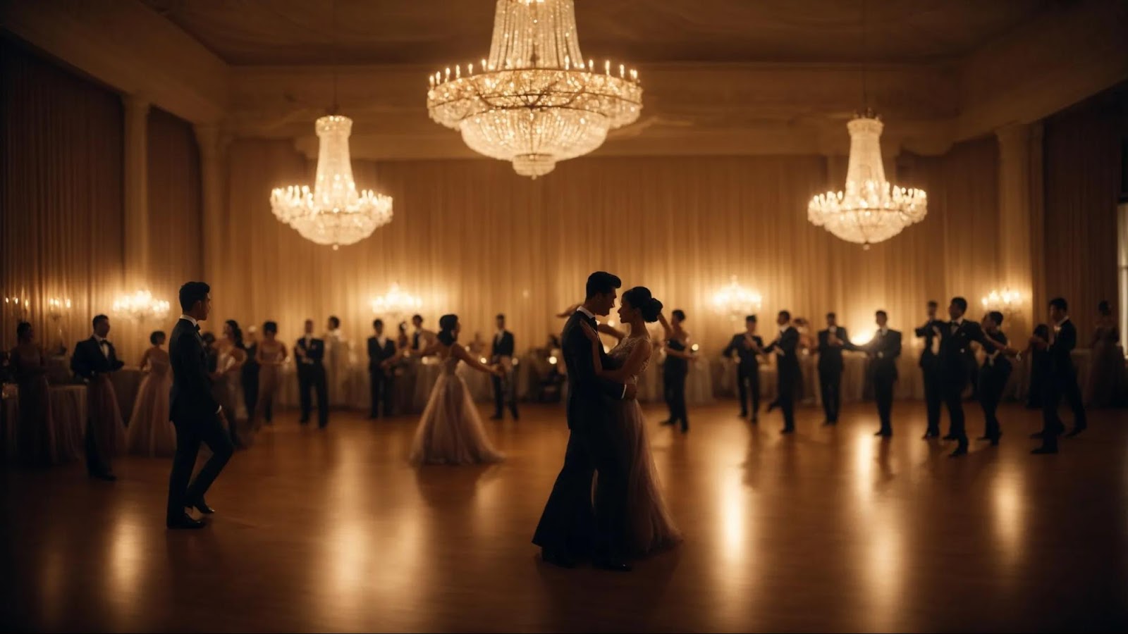 a dimly lit ballroom with pairs of dancers, each immersed in their dance, gracefully moving across the floor under a soft, glowing chandelier.