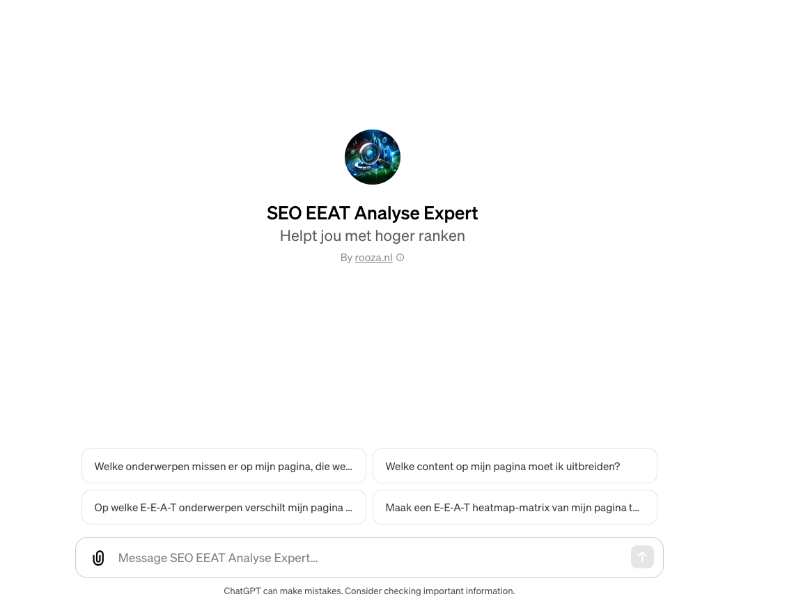De afbeelding toont een webpagina header met de titel "SEO EEAT Analyse Expert"