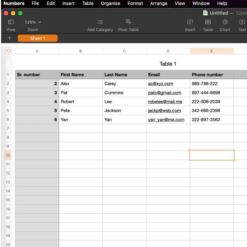 Spreadsheet in Numbers