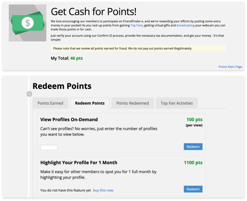 Get cash for points and redeem points section in FriendFinderX.