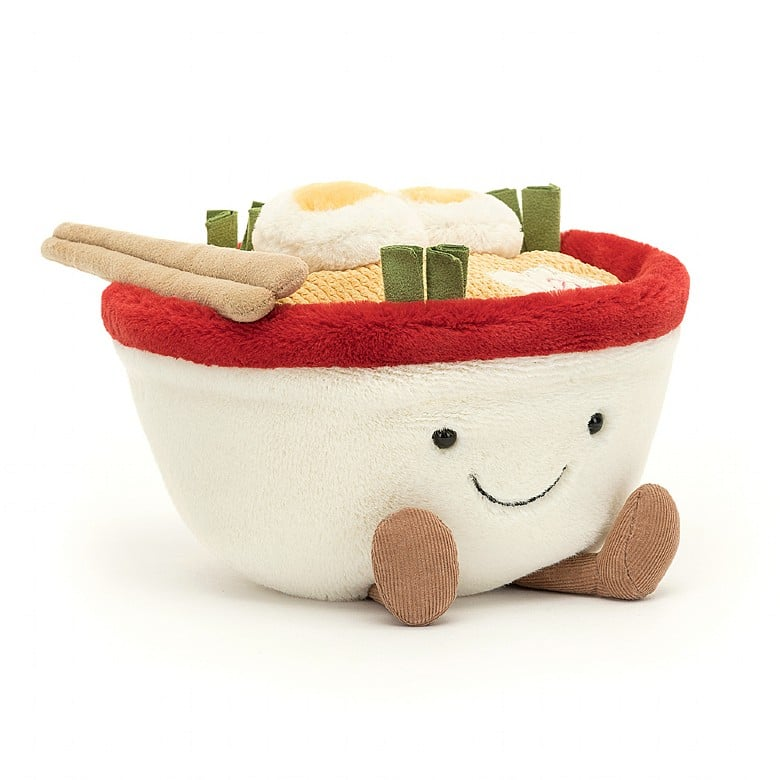 Experience kawaii charm with Amuseable Ramen! From the cream-and-red bowl to the suedette chopsticks, this plush is delightful. Filled with wavy cord noodles, suedette spring onions, fluffy boiled eggs, and a pink embroidered fish cake, this dish is a wish come true.