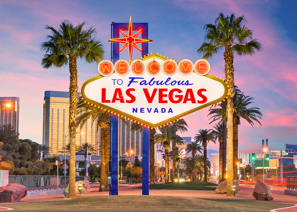 The Welcome to Las Vegas Sign at dusk.