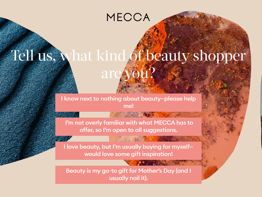 Mecca's Mother's Day quiz helping customers define their shopping style, from novice to beauty enthusiast.