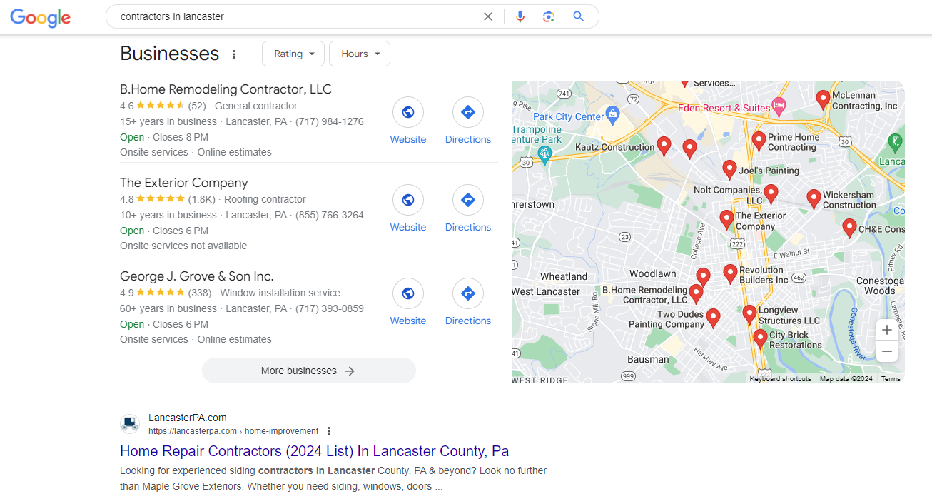 GBP local “map pack” of a search result for contractors