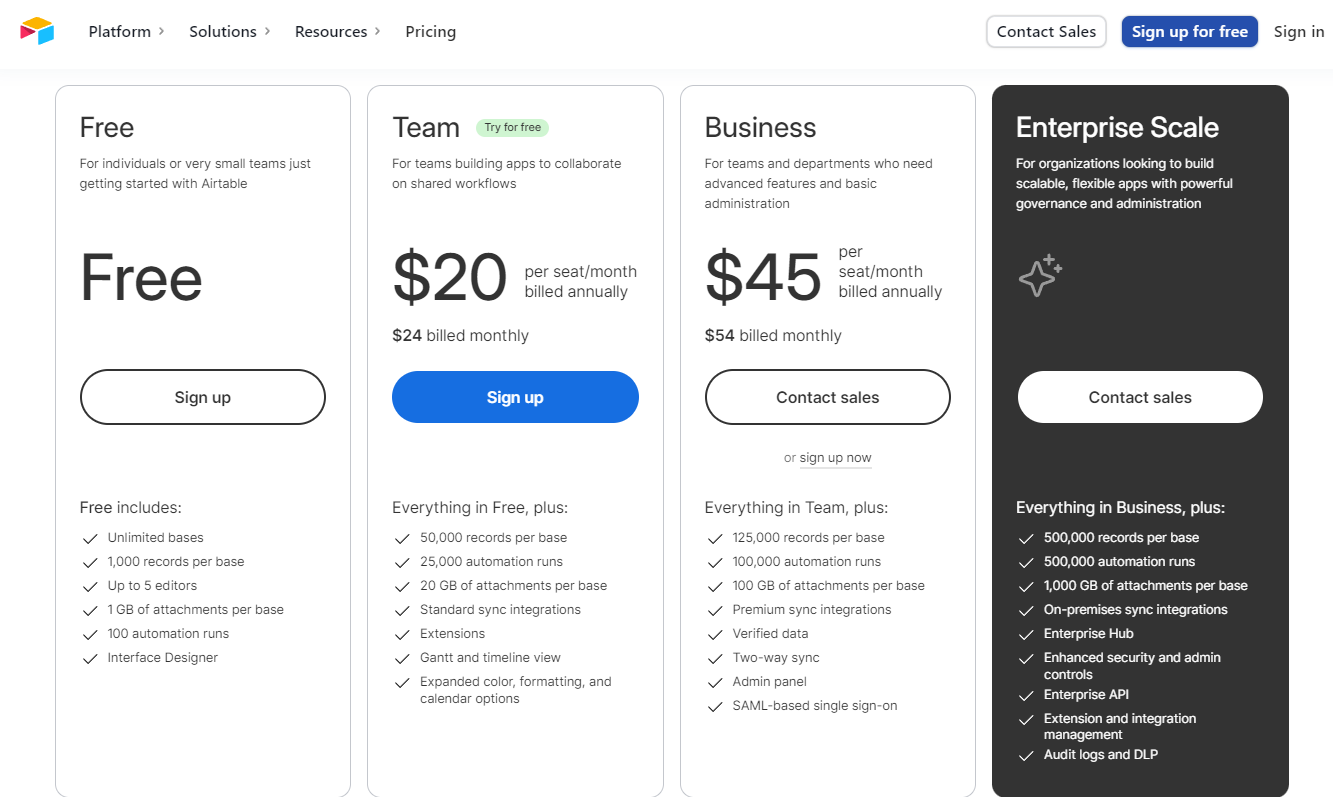 Pricing Plans for Airtable