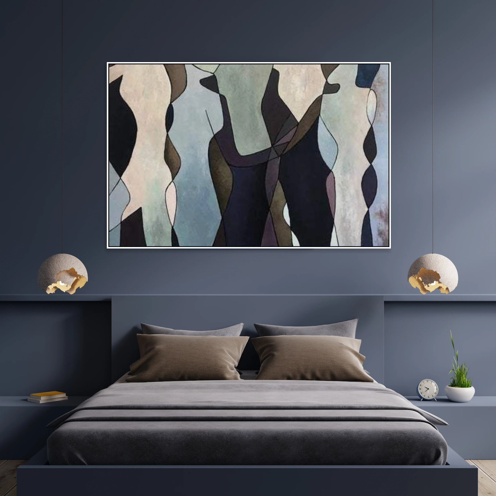 large painting in the dark bedroom